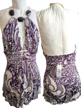Rare SKY Silk JEWELED Prince Purple Paisley Print Peepshow PLUNGE Halter NWT L